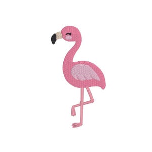May include: Pink flamingo with a black beak and black eyes. The flamingo is standing on one leg.