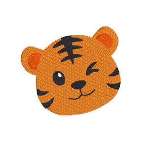 May include: A cartoon tiger face with orange fur, black stripes, and a closed eye. The tiger is winking with one eye open.