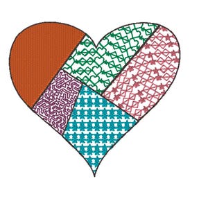 May include: A patchwork heart with five different patterns in shades of orange, purple, green, teal, and pink.