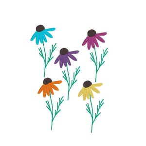 Könnte beinhalten: Ein gesticktes Design mit bunten Blumen mit braunen Zentren und grünen Stielen. Die Blumen sind in den Farbtönen Blau, Lila, Orange und Gelb gehalten. Das Design ist vor einem weißen Hintergrund.