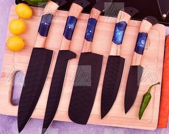 Blue Resin Set, KITCHEN KNIFE SET, kitchen knives set, chef knife set, Handmade High Carbon Steel Knife Set With Leather Roll Bag