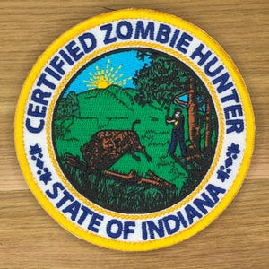Delstaten Indiana certifierad zombiejägare lapp moral stor sigill av USA:s förenta stater USA:s konstitution rolig meme ifak zombielik