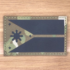 May include: Rectangular patch with a flag design. The patch has a camouflage background with a black and white design. The design includes a sunburst and three stars. The patch is bordered with a stitched edge.