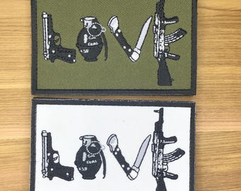LOVE G*ns black badge gear vest bag Airsoft bullet hole quote Tactical Green patch morale