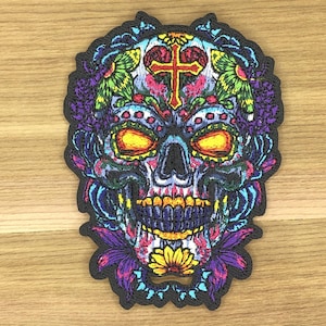 Sugar skull patch morale biker backpack mask bike mean calavera death all souls day mexico dia de los muertos motorcycle flowers fire cross