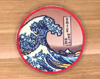 De grote golf van kanagawa patch moraal japan embleem japans de golf kunst van de tsunami's orkaan nippon hokusai klittenband of opstrijkbaar
