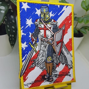 USA tattered flag Knight Templar Tactical Patch Morale Cross Shield God Wills It Christian Church This Sign we shall conquer Army Military
