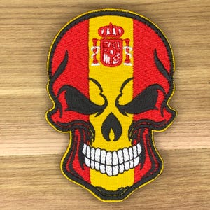 Spain Spanish flag spartan helmet mean medic eyes shoulder patch morale boost tactical operator hook loop army uniform bag greek