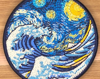 Stjärnklar natt Stor våg Patch - Van Gogh Hokusai Art Moral