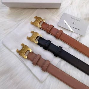 【人気/関税/送料込み】 Celine Large Triomphe Belt in Vintage CELINE 760$ Men's Large Triomphe Buckle Belt - Camel Brown