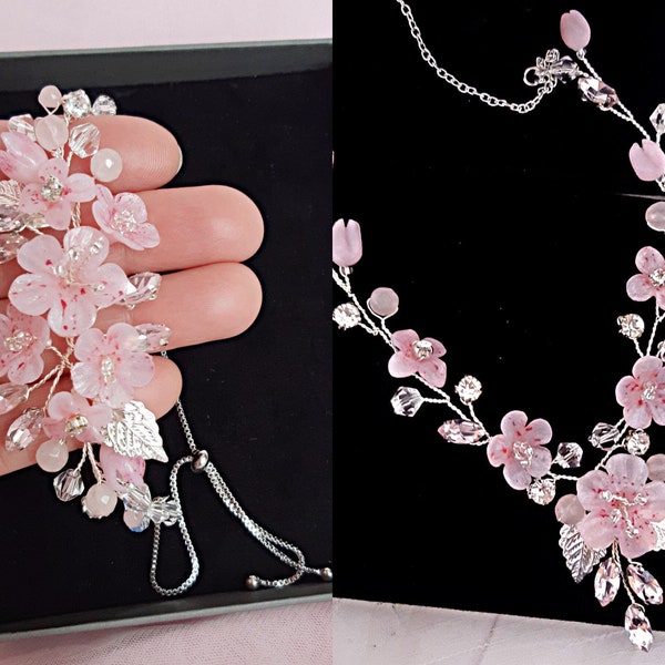 Collier et bracelet de mariée sakura roses, parure de bijoux fleurs de cerisier, accessoires de mariée fleurs roses, parure de bijoux floraux