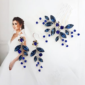 Dark blue hair comb and earrings set, Royal blue bridal jewelry, Navy blue bridal head piece, Prom hairpiece, Bridal  jewelry set