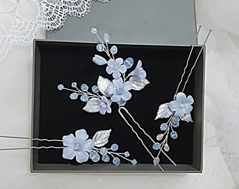 Dusty blue flowers hair pins set of 3, Light blue bridal hair piece, Floral hair accessory for wedding