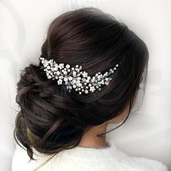 Bridal hair piece pearl crystal, Wedding hair comb, Bridal hair jewelry, Crystal pearl head piece for bride, Prom hairpiece