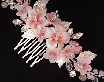 Cherry blossom bridal comb, Pink sakura hair piece, Blush flower hair accessories for wedding, Boho hair comb for bride