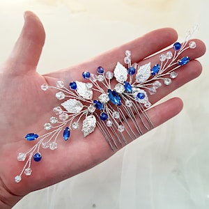 Blue crystal hair accessories, Sapphire blue bridal hair comb, Something blue hair piece,