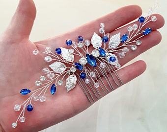 Sapphire blue crystal bridal hair comb , Blue rhinestone hair piece with leaves, Something blue for wedding, Blue crystal head piece