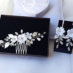 Boho bridal jewelry set, Bridal floral jewelry set, White flower jewelry set, Flower crystal leaf wedding hair comb, earrings and necklace image 9
