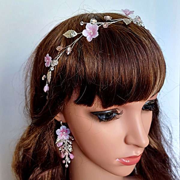 Ensemble de bijoux de mariée fleurs de cerisier, morceau de cheveux et boucles d'oreilles sakura roses, ensemble de bijoux de mariage fleurs roses, liane de cheveux fleurs roses et boucles d'oreilles