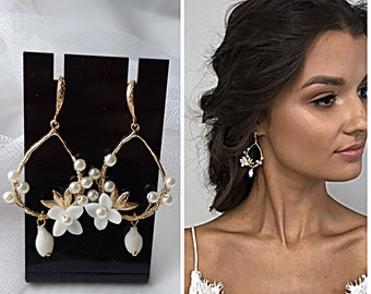 White flowers hoop earrings, Floral earrings with gold leaves for bridal, Gold plated 24K drop earrings