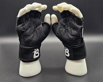 May include: A pair of black fingerless workout gloves with a breathable mesh design and a black wrist strap with a white logo. The logo is a stylized letter "B" with a person running inside the letter.