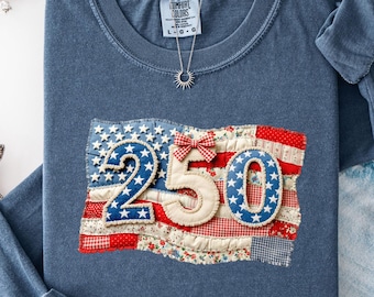 Comfort Colors® Faux Patchwork American Flag Shirt, 250th Years Patriotic Fourth Of July T-sshirt, Vintage Faux Quilted USA Graphic T-shirts