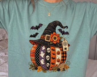 Halloween Pumpkin Shirt, Witch Hat Pumpkin Tee, Spooky Season Shirt, Cute Fall Graphic Tee, Vintage Halloween Shirt for Women