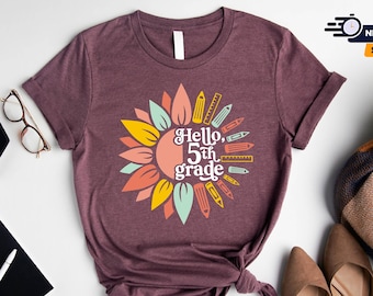 Camiseta de "Hola 5.º grado", "Maestra de 5.º grado", "Graduación de 5.º grado", "Paz a 5.º grado", "Quinto grado", "Primer día de clases"