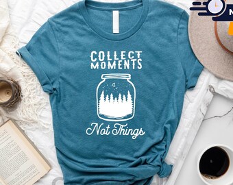 Camiseta de camping, camiseta "Colecciona momentos, no cosas", regalo para amantes del camping, camiseta de campista feliz, camiseta de montaña, camiseta de aventura, camiseta de camping en autocaravana