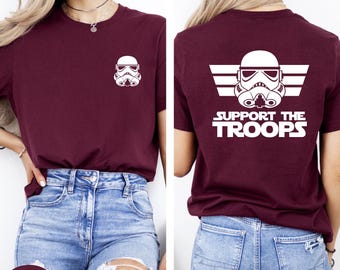 Camiseta "Apoya a las Tropas", camisetas de Star Wars, regalos de Star Wars, camiseta Disney Star Wars (delantera y trasera), camiseta a juego de Star Wars, camiseta Galaxy Edge