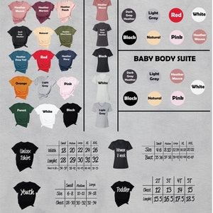 Puede incluir: Tablas de tallas y colores para ropa unisex, mujer, ni&ntilde;os, beb&eacute;s y reci&eacute;n nacidos. Las tablas muestran los diferentes tama&ntilde;os y colores disponibles para cada tipo de ropa. Las tablas tambi&eacute;n incluyen medidas de ancho, largo, pecho y busto.