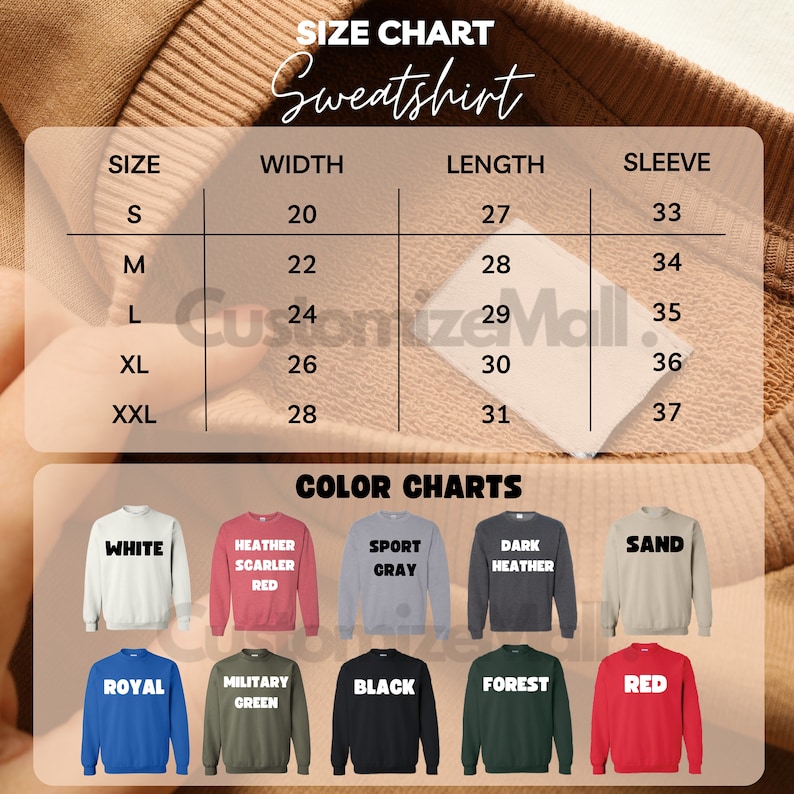Puede incluir: Tabla de tallas para una sudadera con medidas en pulgadas para el ancho, la longitud y la longitud de la manga para las tallas S, M, L, XL y XXL. La tabla de colores muestra diferentes colores de sudadera: blanco, rojo escarlata jaspeado, gris deportivo, gris oscuro jaspeado, arena, azul real, verde militar, negro, bosque y rojo.