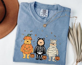 Comfort Colors® Winnie the Pooh Halloween Shirt, Pooh Bear Pumpkin Skeleton Mummy Costume Tee, Trick or Treat Disney Friends Shirt