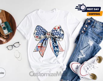 USA Bow Shirt, Girly Bow Shirt, USA Shirt, USA Flag Ribbon Shirt, Coquette America Bow Shirt, 4th Of July Shirt, 4th Of July Gift