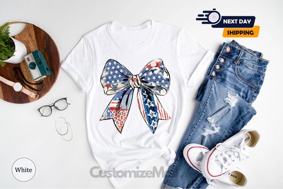 USA Bow Shirt, Girly Bow Shirt, USA Shirt, USA Flag Ribbon Shirt, Coquette America Bow Shirt, 4th Of July Shirt, 4th Of July Gift