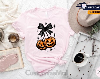 Cherries Pumpkin Shirt, Pumpkin Shirt, Fall Coquette Bow Clipart, Halloween Shirt, Girly Halloween Fall Vibes, Autumn Lace & Pumpkin Season