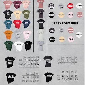 Puede incluir: Tabla de tallas y colores para ropa unisex, cuello en V para mujer, j&oacute;venes, ni&ntilde;os peque&ntilde;os y bodies para beb&eacute;s. Incluye muestras de color y medidas en cm.