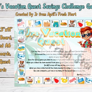 Puede incluir: Un tablero de juego colorido con un personaje de dibujos animados en una tabla de surf. El tablero está dividido en cuadrados con diferentes imágenes de artículos de vacaciones. El juego se llama "Jr's Vacation Quest Savings Challenge Game" y está creado por Jr de April's Fresh Start. El juego incluye instrucciones sobre cómo jugar.