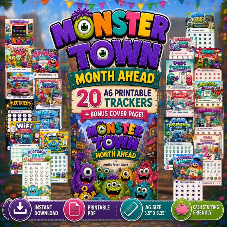 Pack Défi d'économies d'un mois à venir Monster Town | 20 suivis budgétaires A6 + couverture | encart imprimable pour enveloppe de trésorerie | Budget de Monster Town PDF image 3