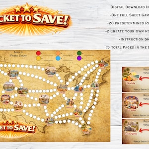 May include: A digital download of a board game called "Ticket to Save!" featuring a map of the United States with city illustrations. Includes a game board, route cards, and instructions. The game board has the text "April's Fresh Start".
