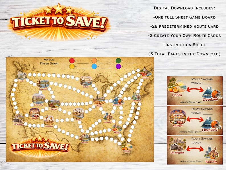 May include: A digital download of a board game called "Ticket to Save!" featuring a map of the United States with city illustrations. Includes a game board, route cards, and instructions. The game board has the text "April's Fresh Start".