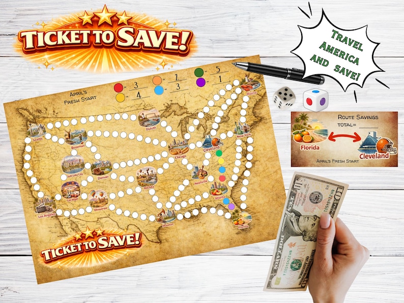 May include: A board game called "Ticket to Save!" featuring a map of the USA, dice, a pen, and a ten-dollar bill. The game board has colourful markers and city illustrations. The text "Travel America and Save!" is in a speech bubble.