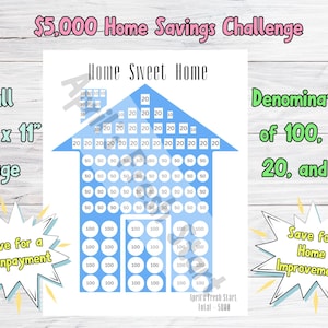May include: A white 8.5" x 11" page with a blue house-shaped savings tracker. The tracker is labeled "Home Sweet Home" and includes denominations of $10, $20, $50, and $100. Text reads "$5,000 Home Savings Challenge."