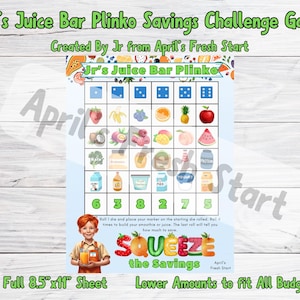 May include: A printable game board with a blue background and a grid of images of fruits, vegetables, and drinks. The game is called "Jr's Juice Bar Plinko Savings Challenge Game" and is created by Jr from April's Fresh Start. The game is designed to help people save money on their smoothies and juices.