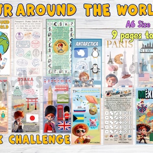May include: A set of nine A6 activity pages titled "JR Around the World." The pages feature illustrations of landmarks, currency, and stamps from various countries. The title "JR Around the World" is in yellow, and "Box Challenge" is at the bottom.