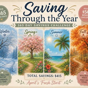 Pode incluir: Um gráfico de desafio de poupança de 365 dias intitulado Saving Through the Year, apresentando quatro ilustrações sazonais: uma cena de inverno com neve, uma paisagem de primavera, uma praia de verão e uma floresta de outono.