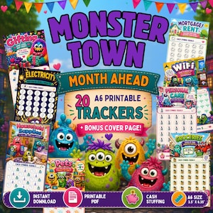 May include: A collection of 20 A6 printable budget trackers titled Monster Town, featuring colourful monster illustrations. The set includes trackers for gifting, electricity, mortgage, rent, wifi, personal care, household supplies, groceries, and pets.