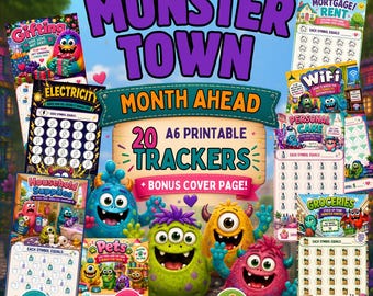 Monster Town Month Ahead Savings Challenge Bundle | 20 A6 Budget Trackers + Cover | Printable Cash Envelope Insert | Monster Town Budget PDF