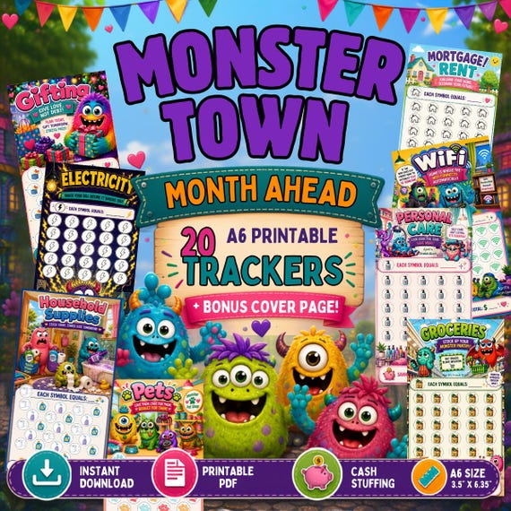 Monster Town Month Ahead Savings Challenge Bundle | 20 A6 Budget Trackers + Cover | Printable Cash Envelope Insert | Monster Town Budget PDF