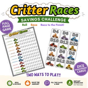 Könnte beinhalten: Ein druckbares "Critter Races" Sparspiel mit zwei Spielmöglichkeiten. Das Bild zeigt ein ganzseitiges Spielbrett und Würfel-Randomisierungs-Karten. Das Spiel zeigt Zeichentricktiere in Rennwagen, mit dem Text "Roll, Save, Race to the Finish!"